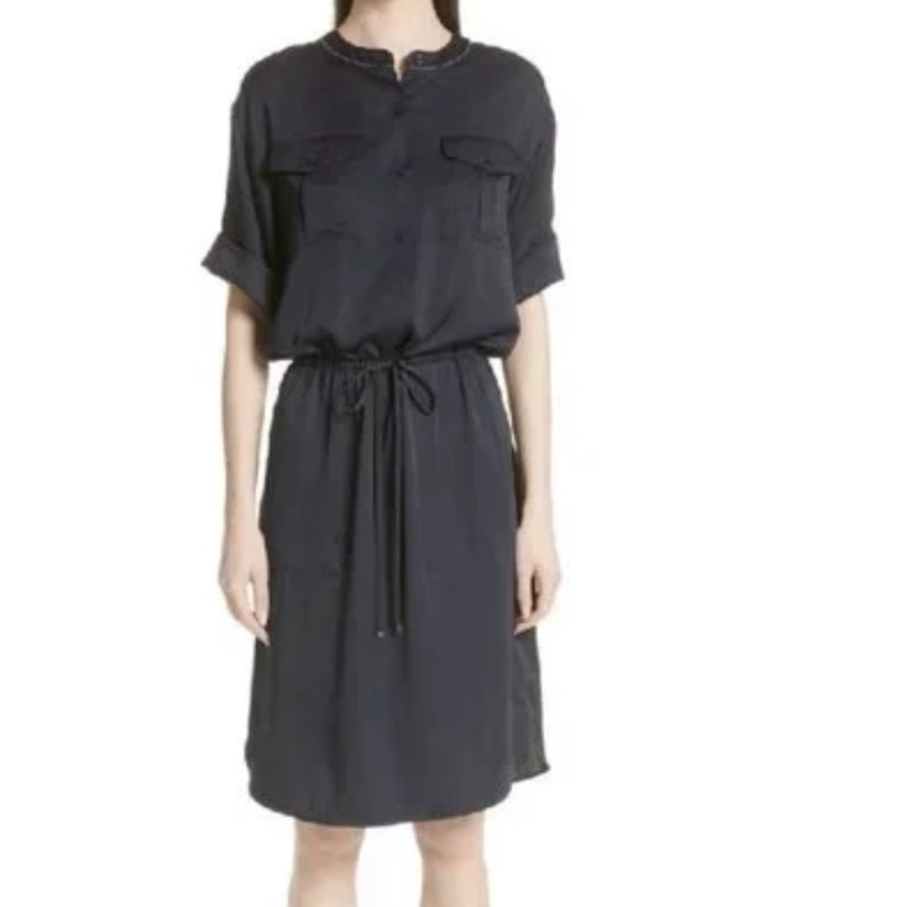 Lafayette 148‎ short sleeve drawstring shirt dress navy blue patched pockets